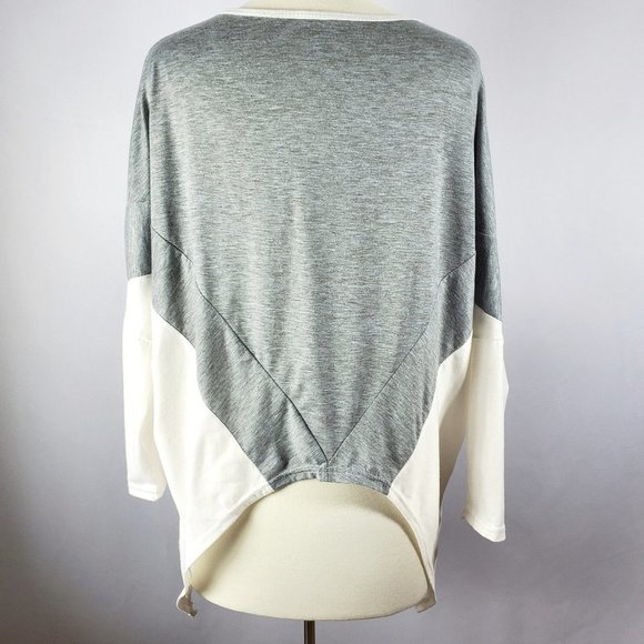 Gray & White Color Block Asymmetrical Top With Color Blocking and Dolman Sleeves - Picture 2 of 6
